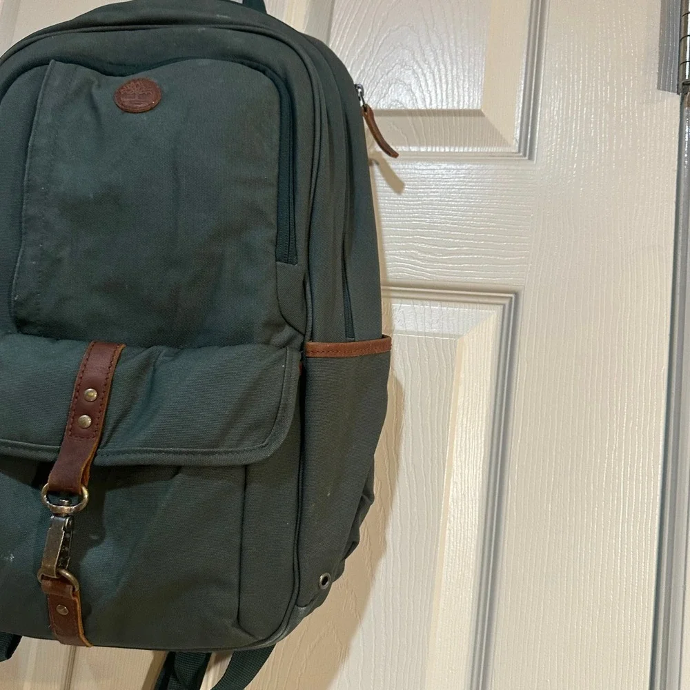 Timberland Canvas‎ Backpack Forest Green Leather Trim Outdoor Laptop Bag Travel
